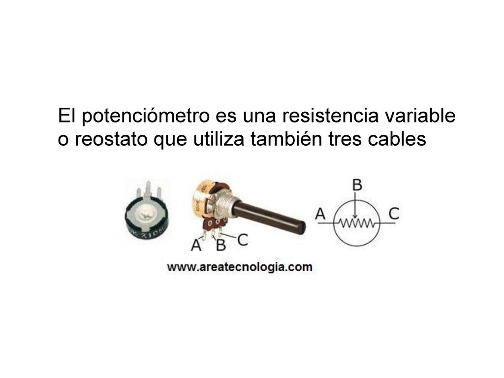 El potenciómetro es una resistencia variable o reostato que utiliza también tres cables