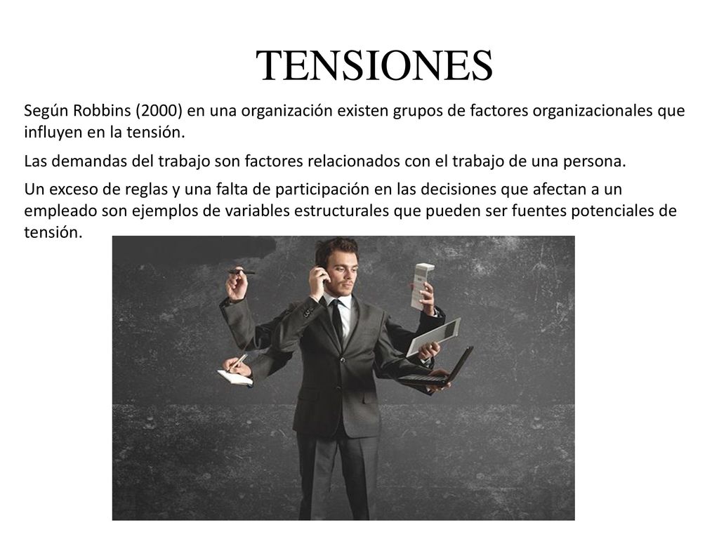 TENSIONES Según Robbins (2000) en una organización existen grupos de factores organizacionales que influyen en la tensión.