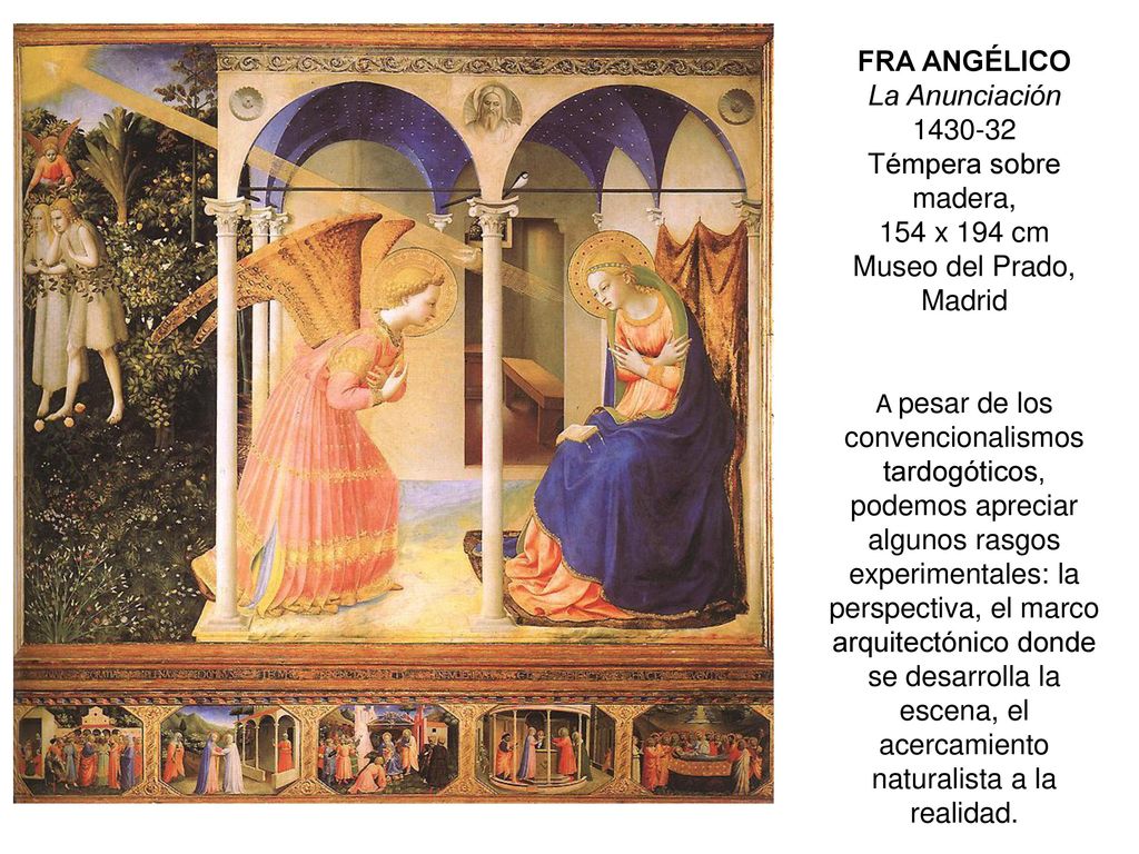 FRA ANGÉLICO La Anunciación Témpera sobre madera, 154 x 194 cm Museo del Prado, Madrid A pesar de los convencionalismos tardogóticos, podemos apreciar algunos rasgos experimentales: la perspectiva, el marco arquitectónico donde se desarrolla la escena, el acercamiento naturalista a la realidad.