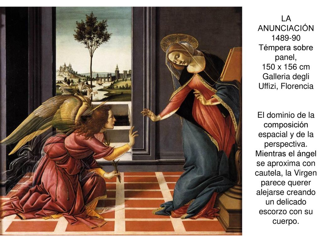 LA ANUNCIACIÓN Témpera sobre panel, 150 x 156 cm Galleria degli Uffizi, Florencia El dominio de la composición espacial y de la perspectiva.