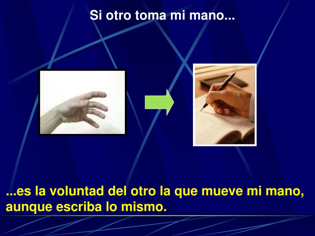 Si otro toma mi mano... La voluntad del otro es el que mueve mi mano, aunque escriba lo mismo.