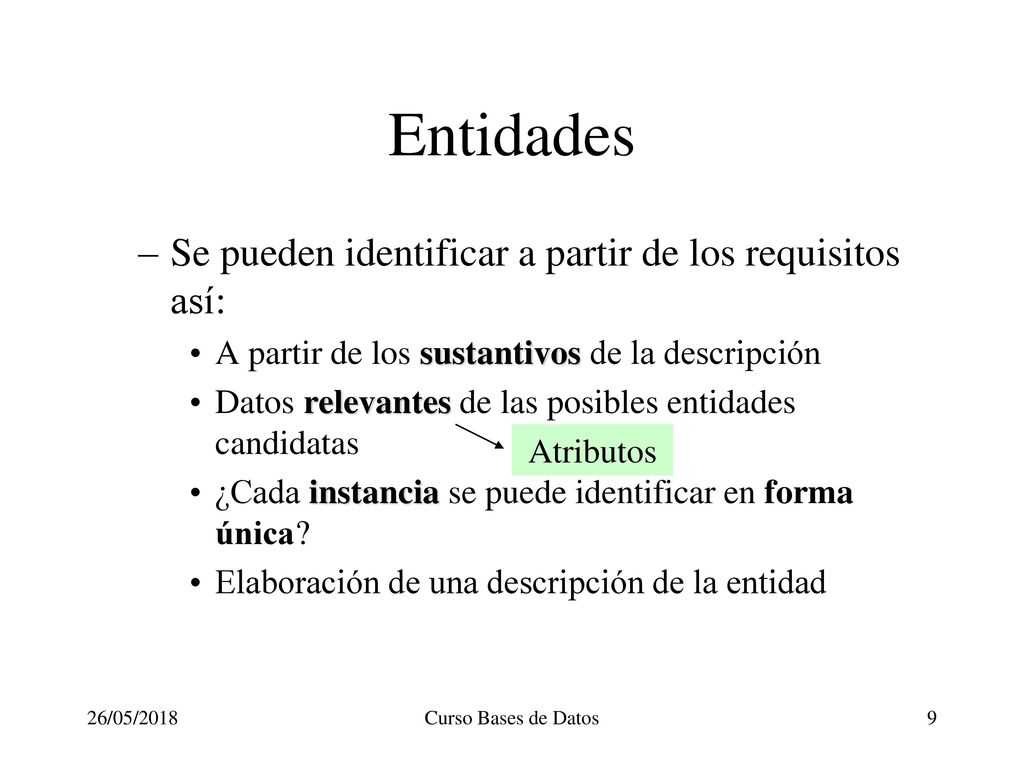 Entidades Se pueden identificar a partir de los requisitos así: