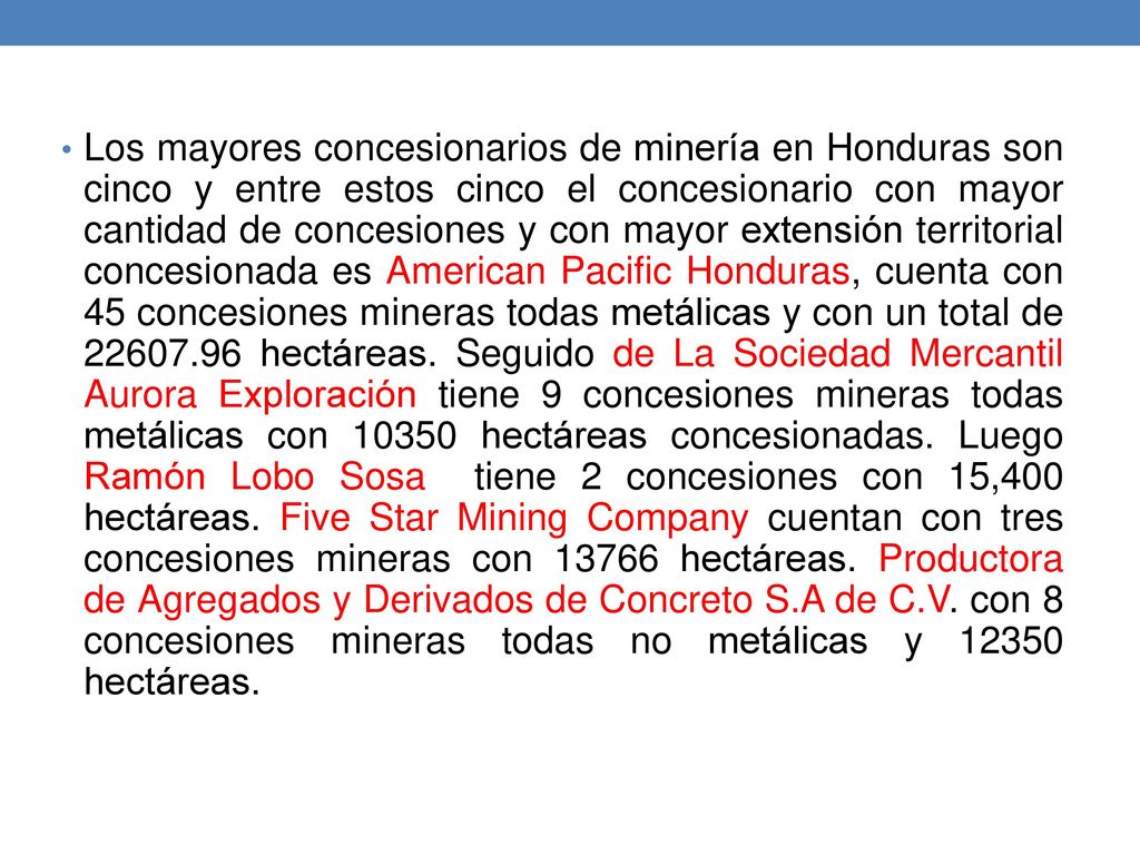 Los mayores concesionarios de minería en Honduras son cinco y entre estos cinco el concesionario con mayor cantidad de concesiones y con mayor extensión territorial concesionada es American Pacific Honduras, cuenta con 45 concesiones mineras todas metálicas y con un total de hectáreas.
