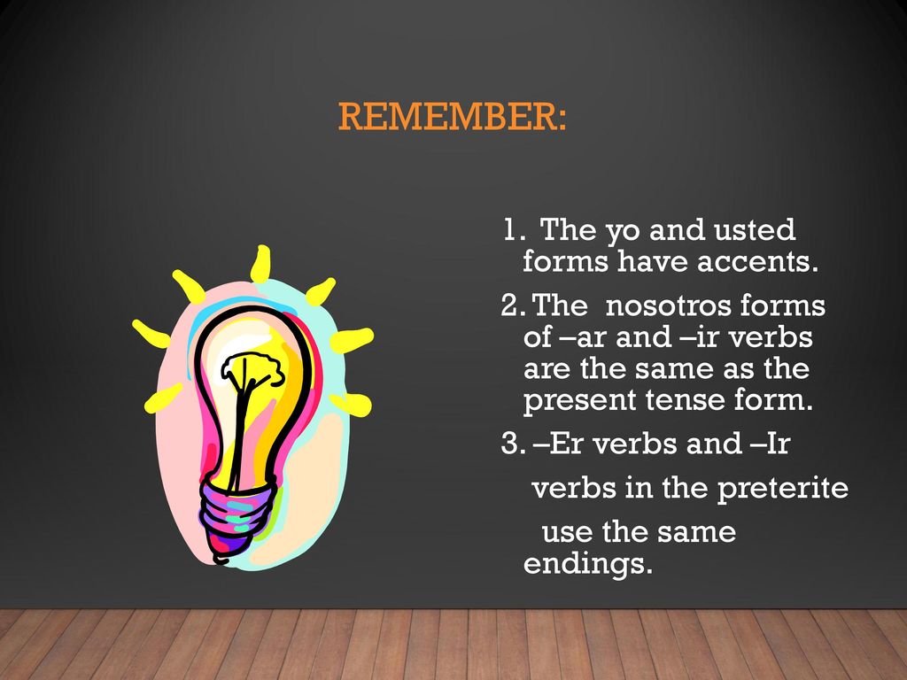 Remember: 1. The yo and usted forms have accents.