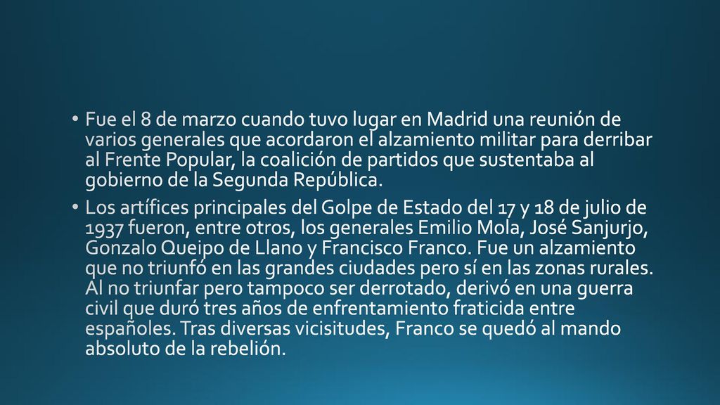 Fue el 8 de marzo cuando tuvo lugar en Madrid una reunión de varios generales que acordaron el alzamiento militar para derribar al Frente Popular, la coalición de partidos que sustentaba al gobierno de la Segunda República.
