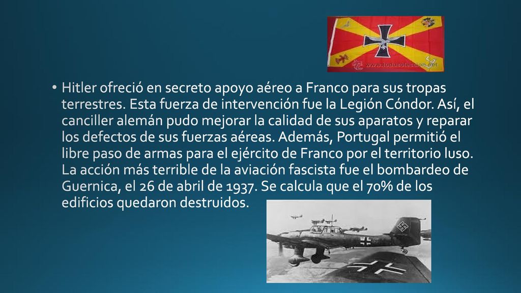 Hitler ofreció en secreto apoyo aéreo a Franco para sus tropas terrestres.