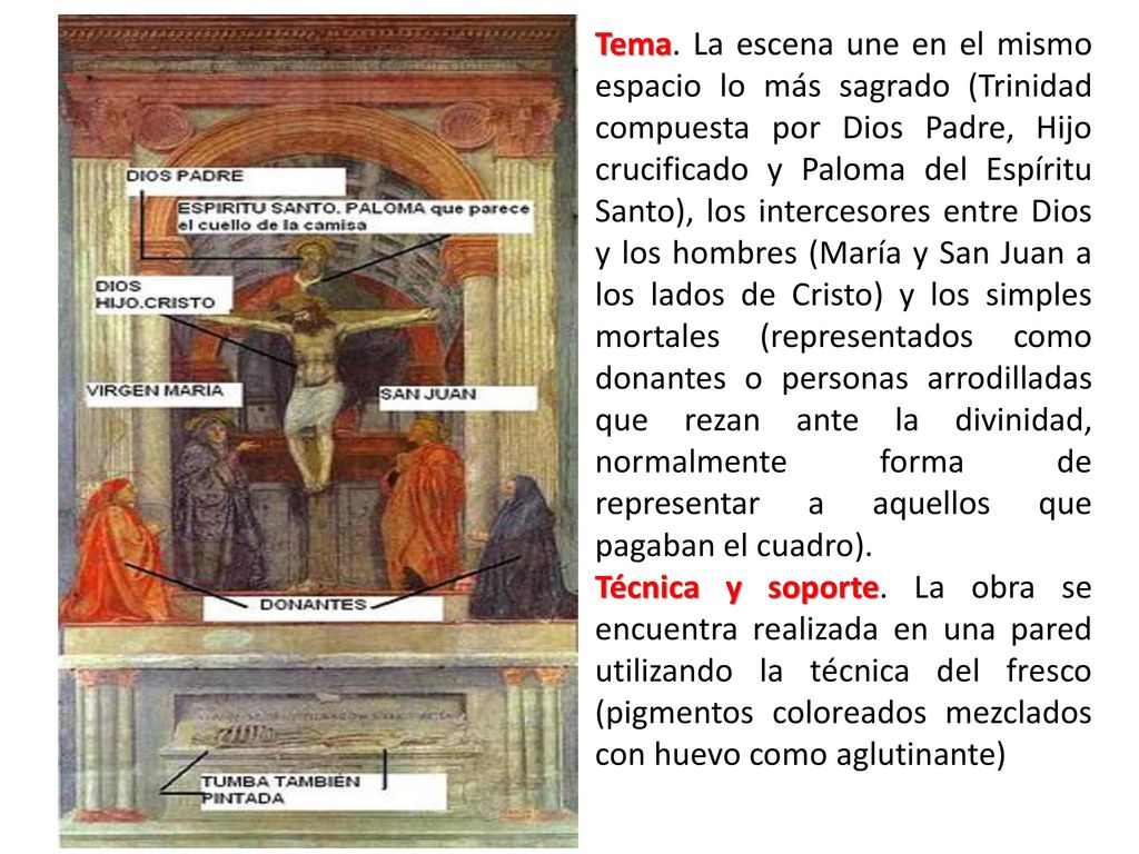 Tema. La escena une en el mismo espacio lo más sagrado (Trinidad compuesta por Dios Padre, Hijo crucificado y Paloma del Espíritu Santo), los intercesores entre Dios y los hombres (María y San Juan a los lados de Cristo) y los simples mortales (representados como donantes o personas arrodilladas que rezan ante la divinidad, normalmente forma de representar a aquellos que pagaban el cuadro).
