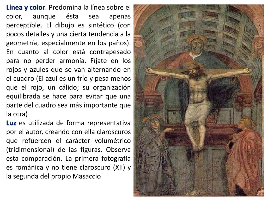 Línea y color. Predomina la línea sobre el color, aunque ésta sea apenas perceptible. El dibujo es sintético (con pocos detalles y una cierta tendencia a la geometría, especialmente en los paños). En cuanto al color está contrapesado para no perder armonía. Fíjate en los rojos y azules que se van alternando en el cuadro (El azul es un frío y pesa menos que el rojo, un cálido; su organización equilibrada se hace para evitar que una parte del cuadro sea más importante que la otra)