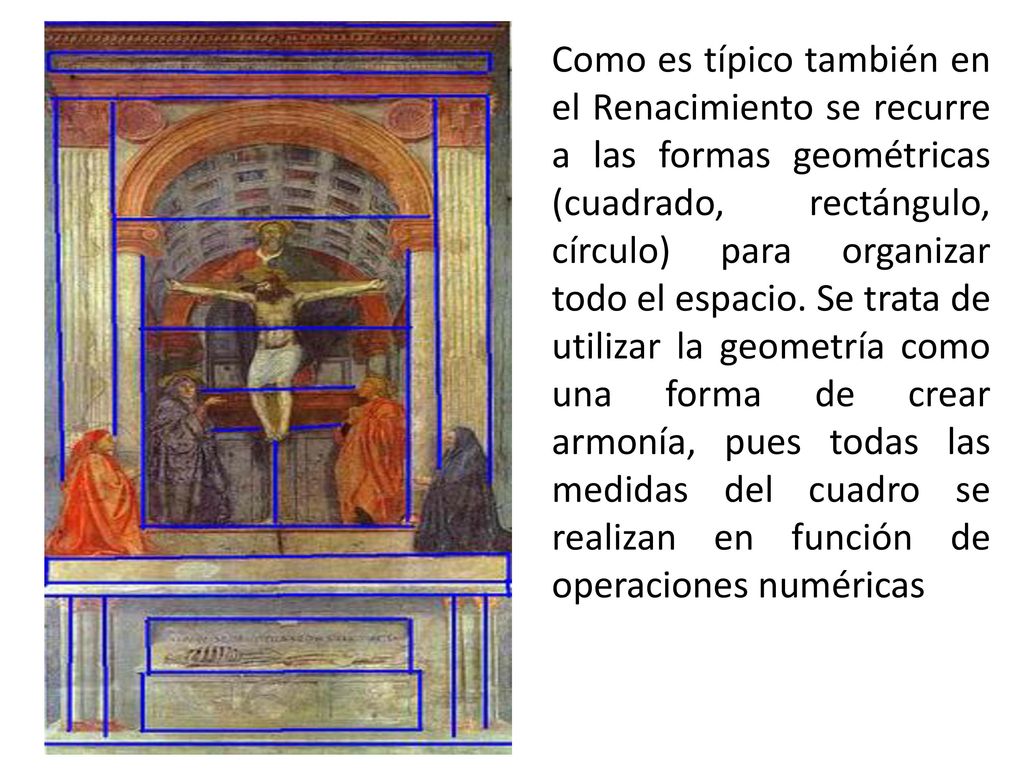 Como es típico también en el Renacimiento se recurre a las formas geométricas (cuadrado, rectángulo, círculo) para organizar todo el espacio.