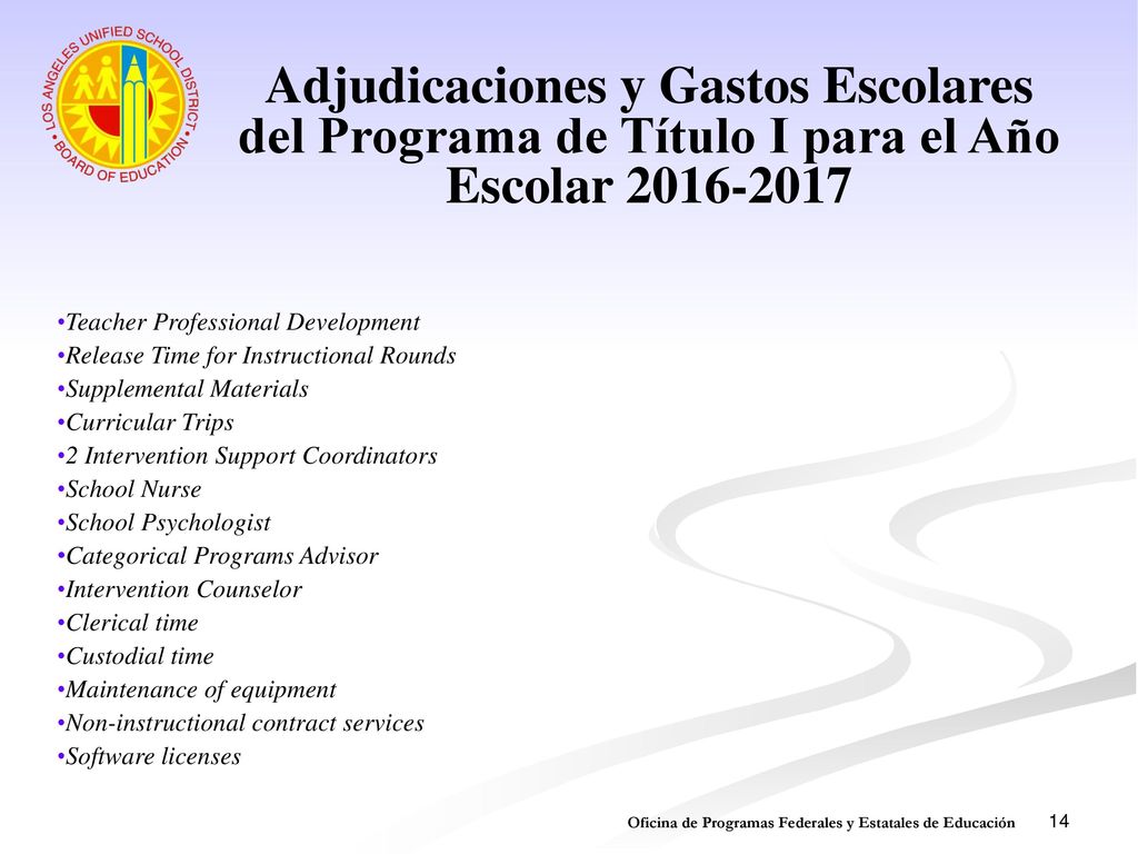 Adjudicaciones y Gastos Escolares del Programa de Título I para el Año Escolar