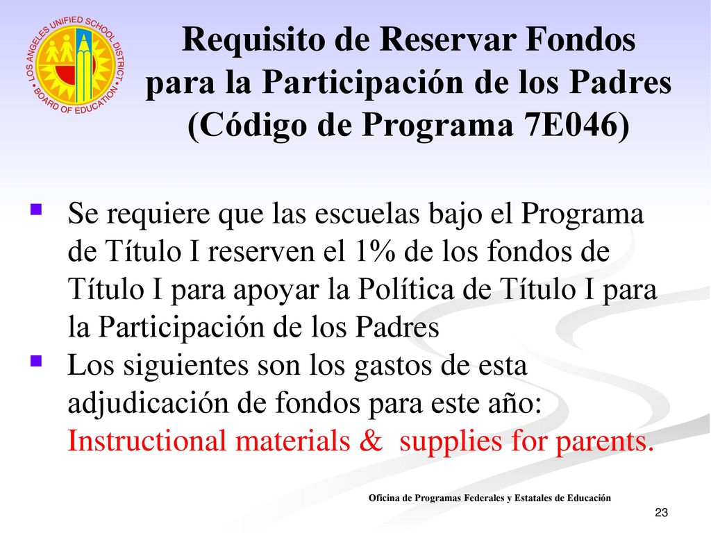 Requisito de Reservar Fondos para la Participación de los Padres