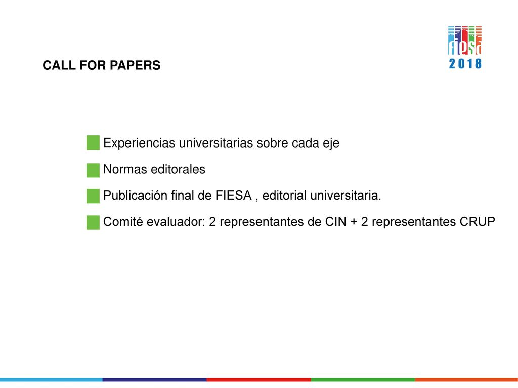 CALL FOR PAPERS Experiencias universitarias sobre cada eje. Normas editorales. Publicación final de FIESA , editorial universitaria.
