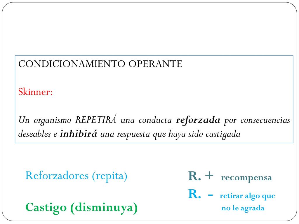 R. + recompensa R. - retirar algo que Reforzadores (repita)