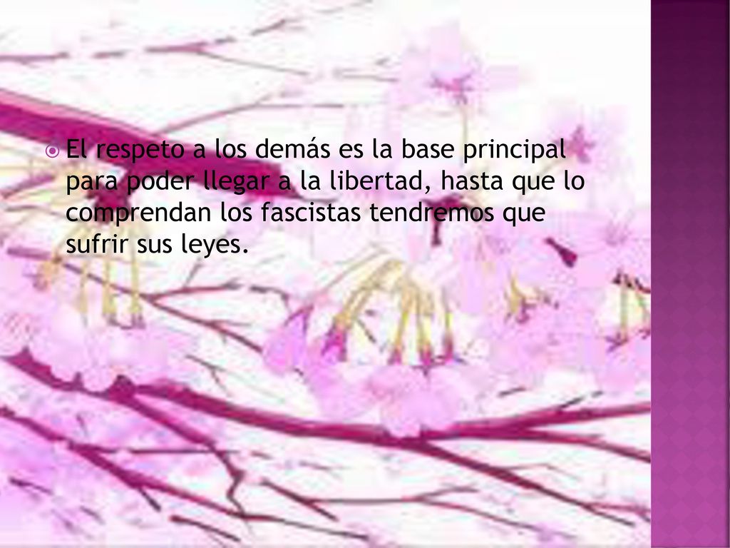 El respeto a los demás es la base principal para poder llegar a la libertad, hasta que lo comprendan los fascistas tendremos que sufrir sus leyes.
