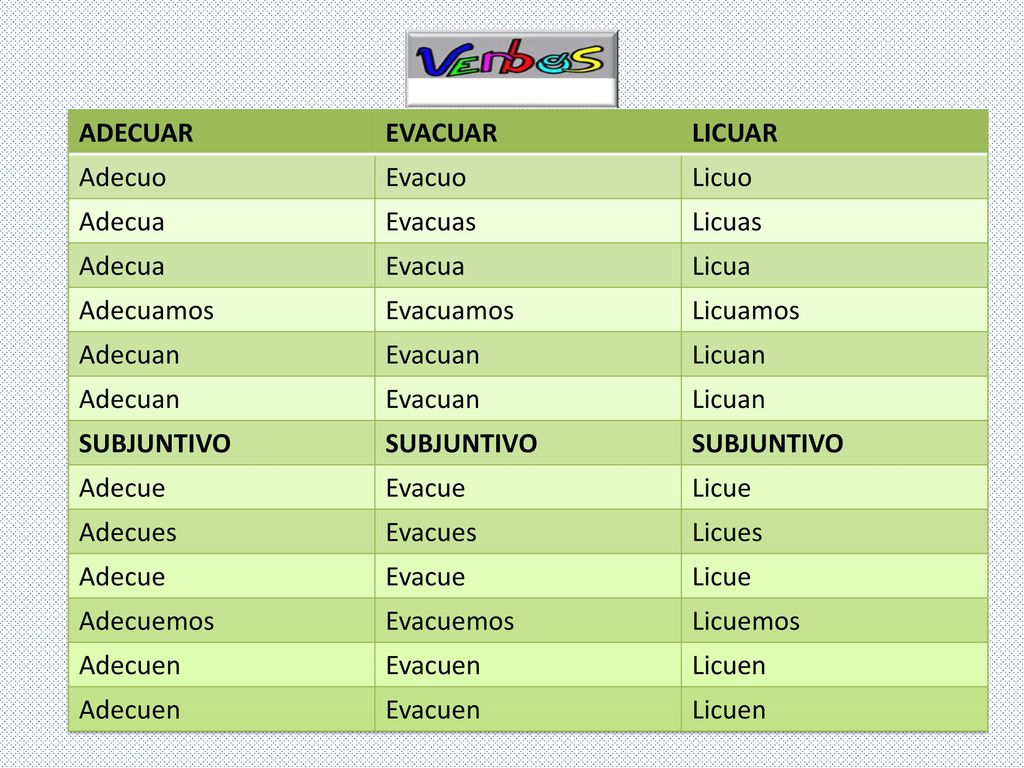 ADECUAR EVACUAR. LICUAR. Adecuo. Evacuo. Licuo. Adecua. Evacuas. Licuas. Evacua. Licua. Adecuamos.