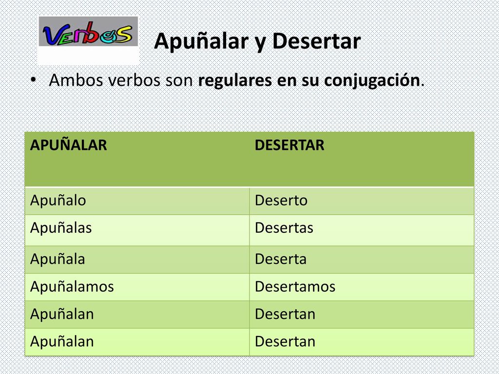 Apuñalar y Desertar Ambos verbos son regulares en su conjugación.