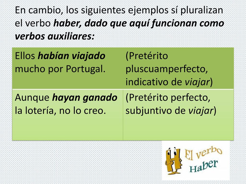 En cambio, los siguientes ejemplos sí pluralizan el verbo haber, dado que aquí funcionan como verbos auxiliares: