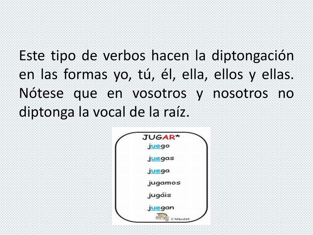 Este tipo de verbos hacen la diptongación en las formas yo, tú, él, ella, ellos y ellas.