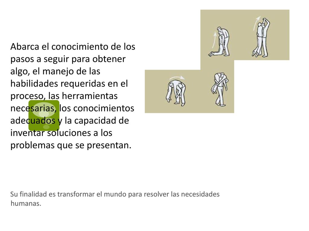Abarca el conocimiento de los pasos a seguir para obtener algo, el manejo de las habilidades requeridas en el proceso, las herramientas necesarias, los conocimientos adecuados y la capacidad de inventar soluciones a los problemas que se presentan.