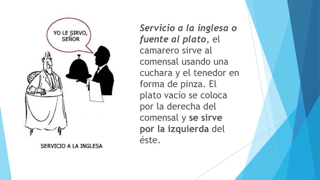 Servicio a la inglesa o fuente al plato, el camarero sirve al comensal usando una cuchara y el tenedor en forma de pinza.