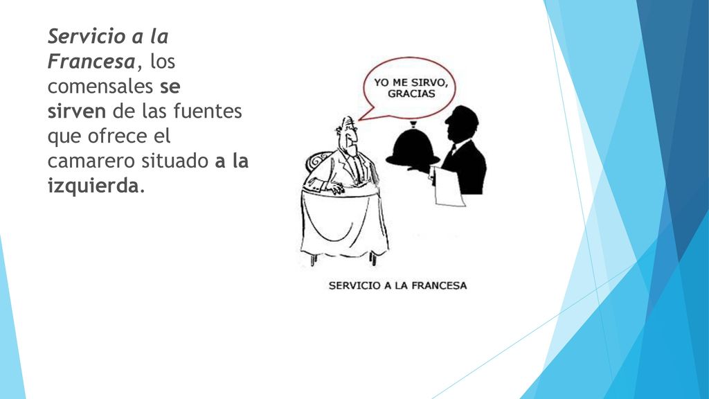 Servicio a la Francesa, los comensales se sirven de las fuentes que ofrece el camarero situado a la izquierda.