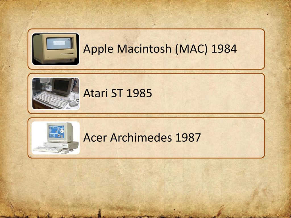 Apple Macintosh (MAC) 1984 Atari ST 1985 Acer Archimedes 1987