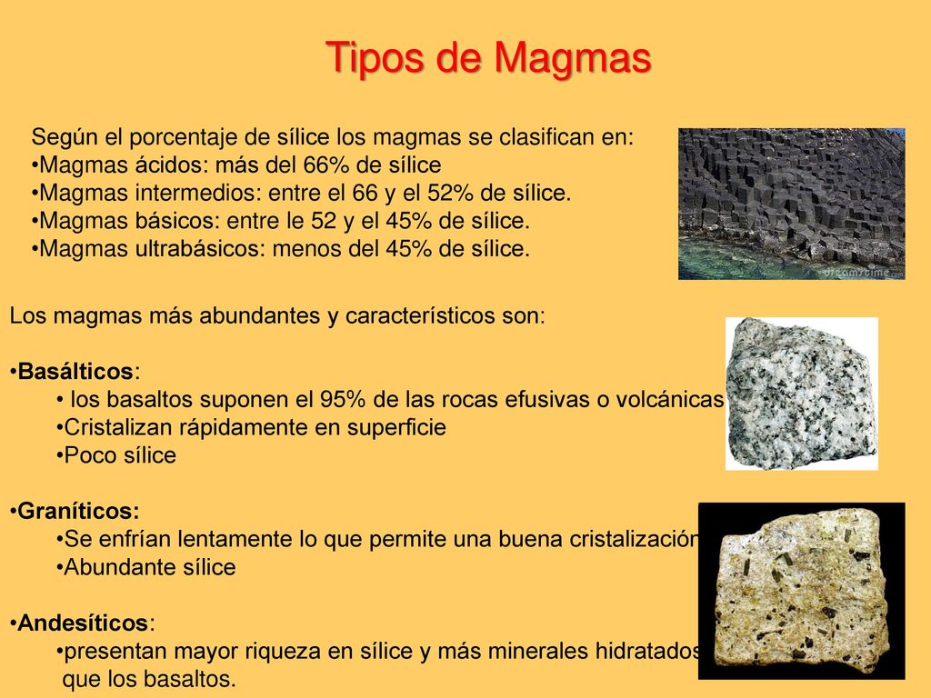 Tipos de Magmas Según el porcentaje de sílice los magmas se clasifican en: Magmas ácidos: más del 66% de sílice.