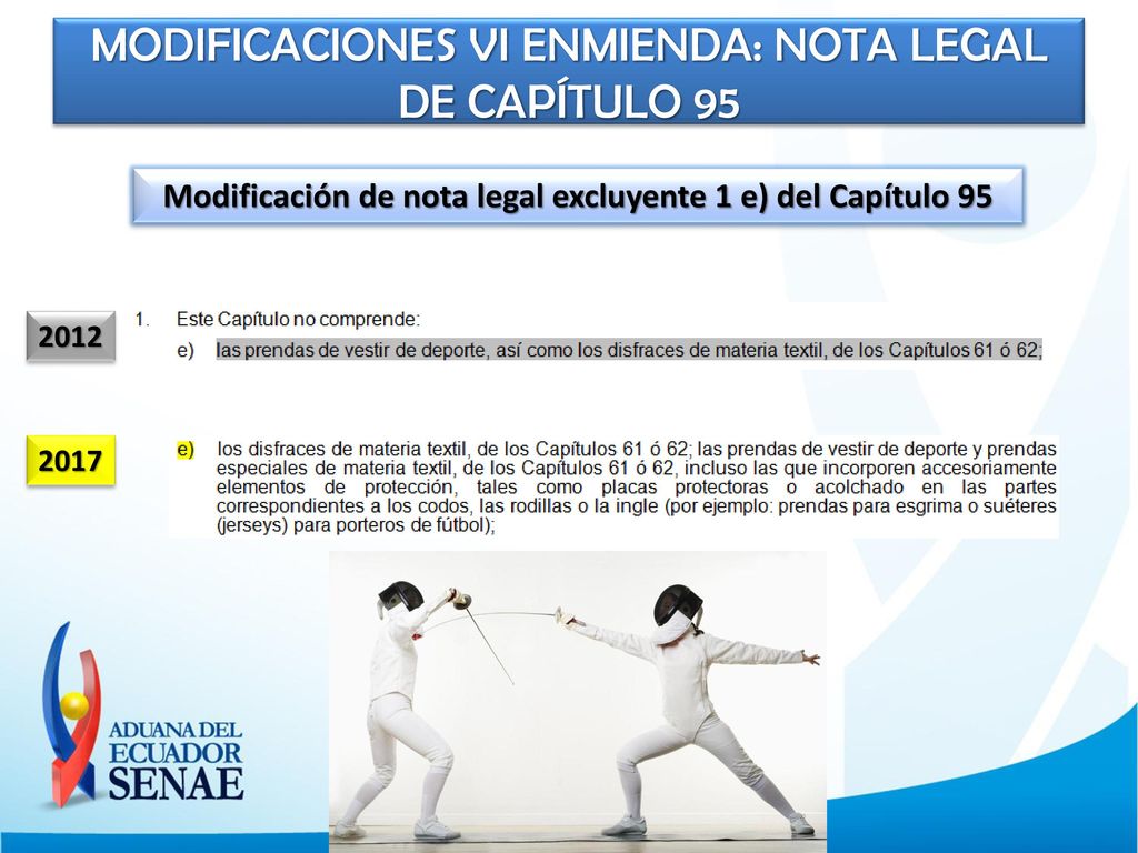 Modificación de nota legal excluyente 1 e) del Capítulo 95