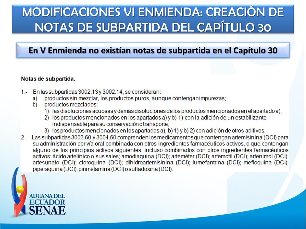 En V Enmienda no existían notas de subpartida en el Capítulo 30