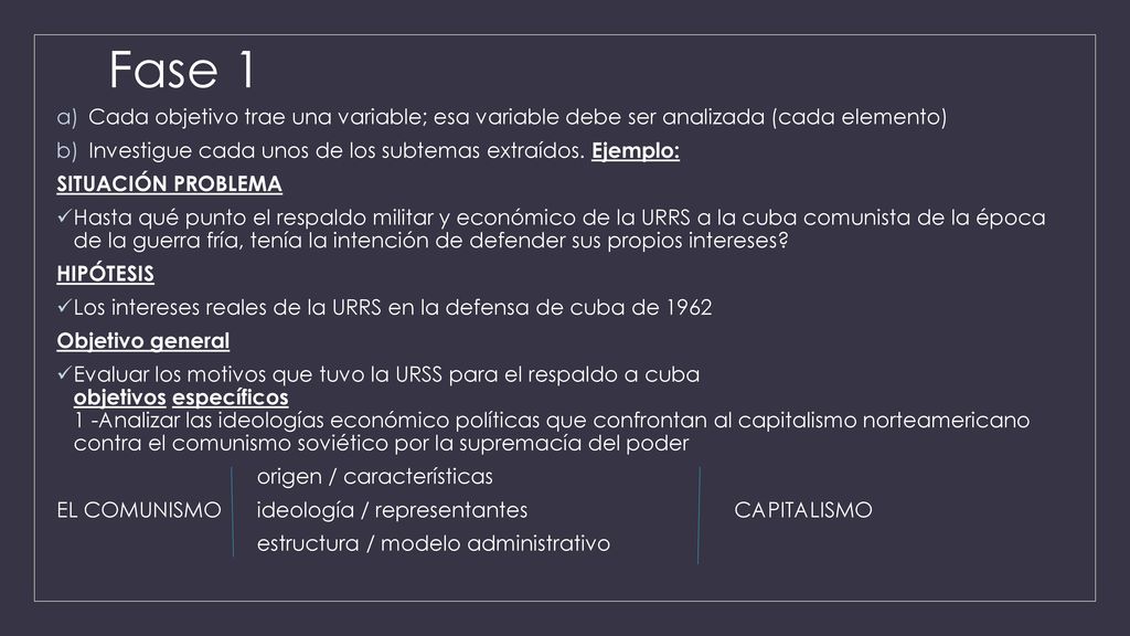 Fase 1 Cada objetivo trae una variable; esa variable debe ser analizada (cada elemento) Investigue cada unos de los subtemas extraídos. Ejemplo: