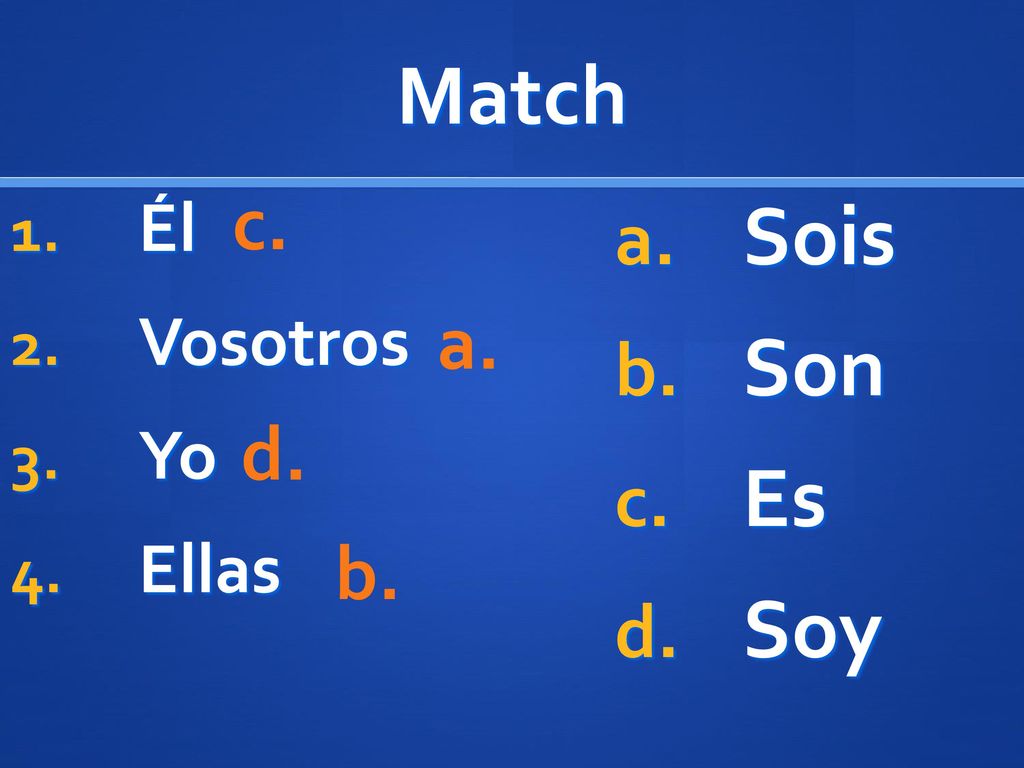 Match c. Él Vosotros Yo Ellas Sois Son Es Soy a. d. b.