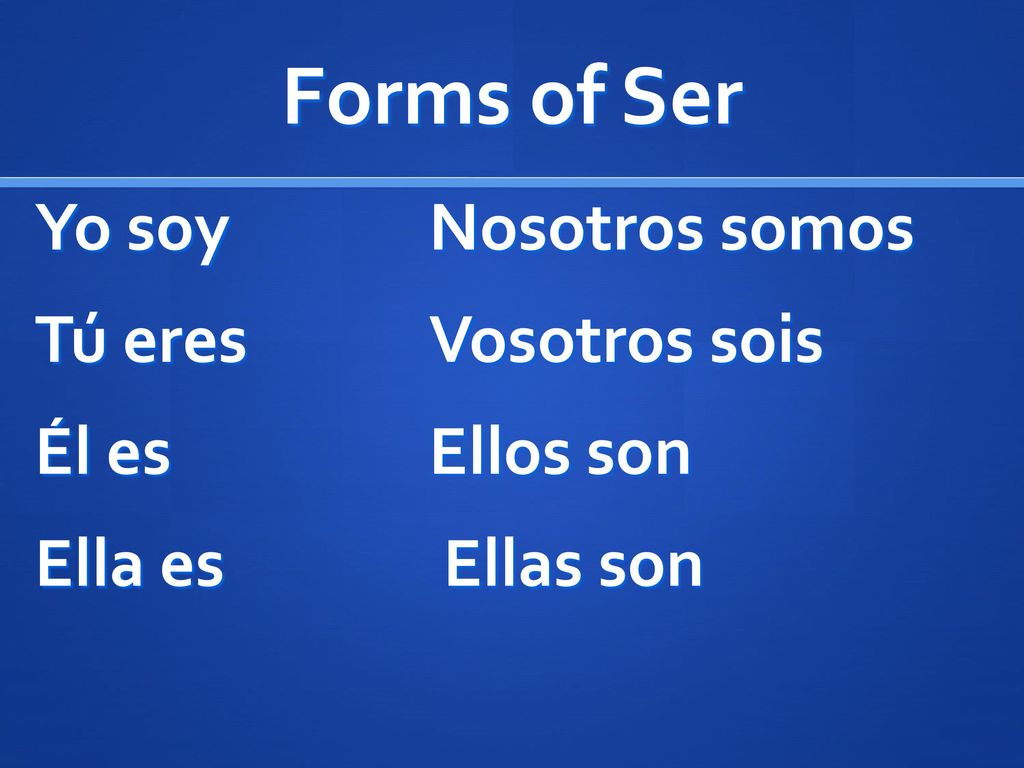Forms of Ser Yo soy Tú eres Él es Ella es Nosotros somos Vosotros sois