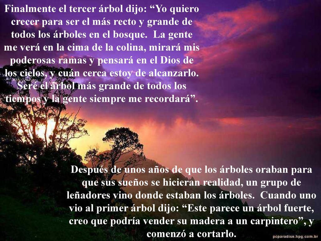 Finalmente el tercer árbol dijo: Yo quiero crecer para ser el más recto y grande de todos los árboles en el bosque. La gente me verá en la cima de la colina, mirará mis poderosas ramas y pensará en el Dios de los cielos, y cuán cerca estoy de alcanzarlo. Seré el árbol más grande de todos los tiempos y la gente siempre me recordará .