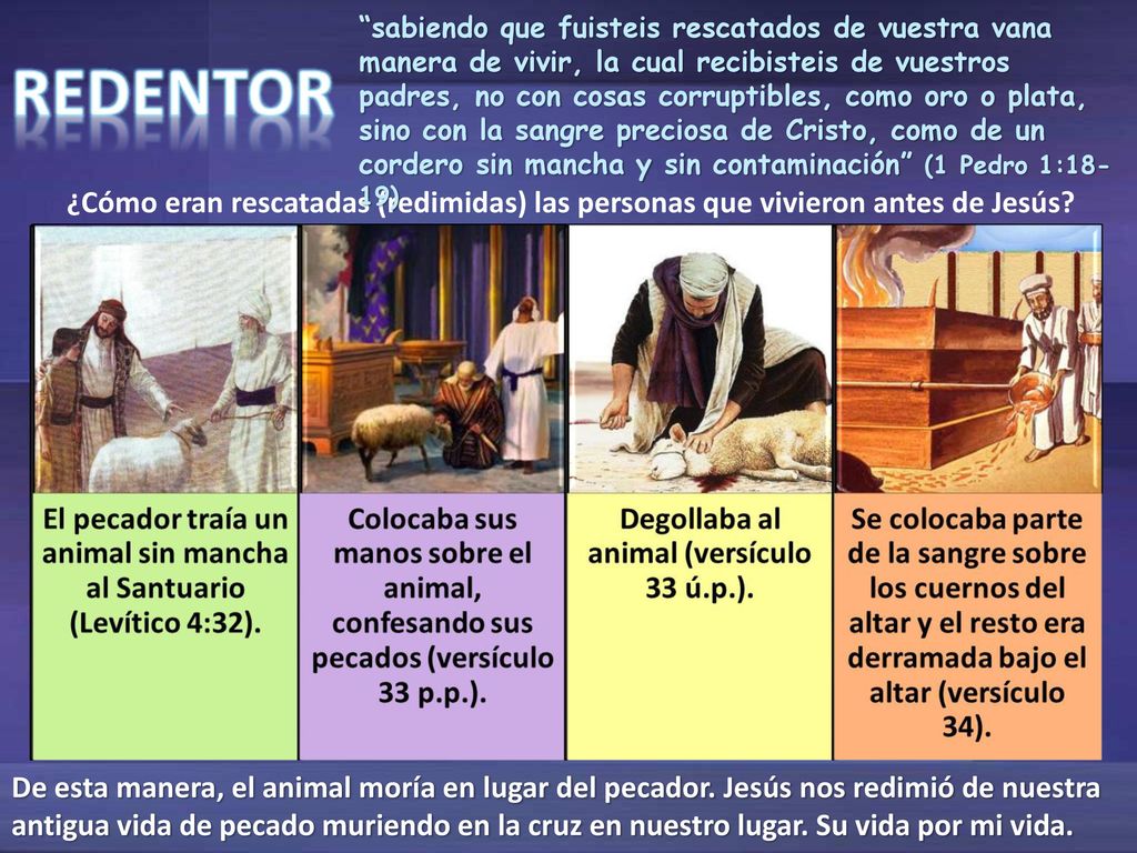 sabiendo que fuisteis rescatados de vuestra vana manera de vivir, la cual recibisteis de vuestros padres, no con cosas corruptibles, como oro o plata, sino con la sangre preciosa de Cristo, como de un cordero sin mancha y sin contaminación (1 Pedro 1:18-19)