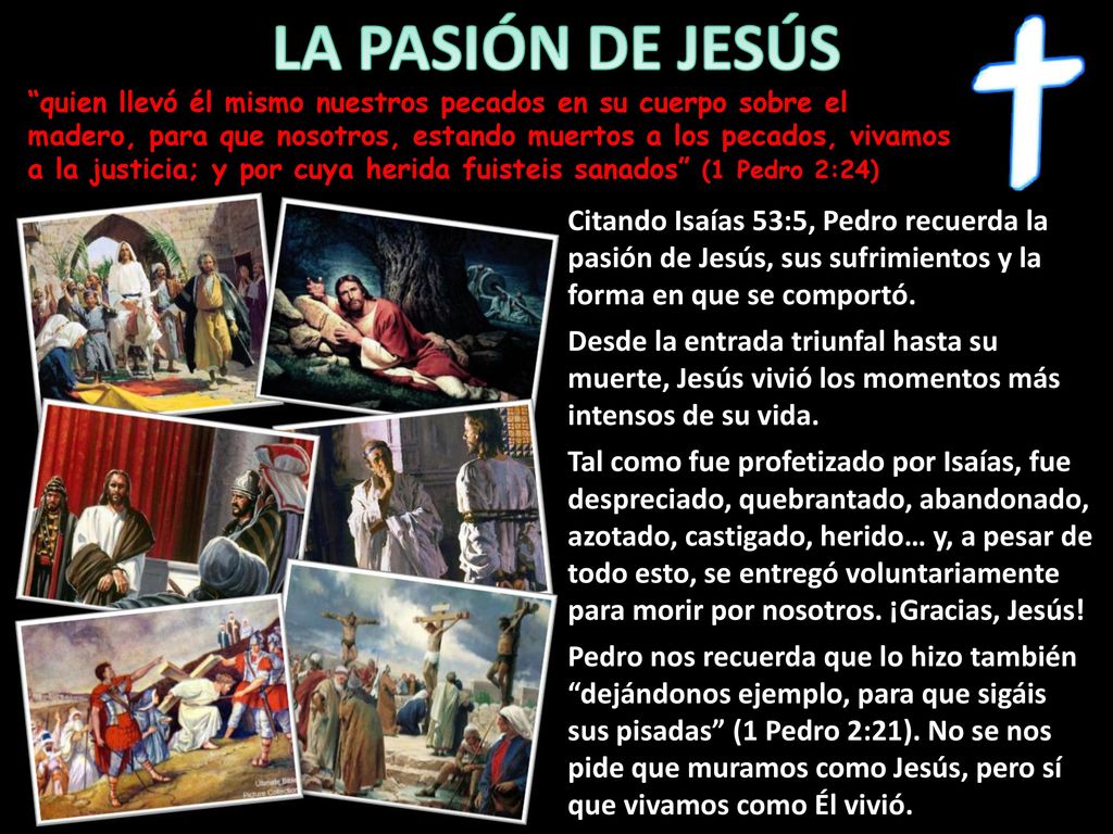 quien llevó él mismo nuestros pecados en su cuerpo sobre el madero, para que nosotros, estando muertos a los pecados, vivamos a la justicia; y por cuya herida fuisteis sanados (1 Pedro 2:24)