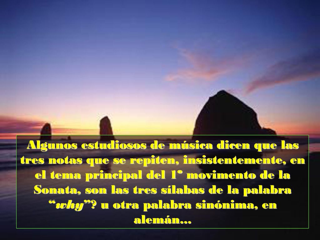 Algunos estudiosos de música dicen que las tres notas que se repiten, insistentemente, en el tema principal del 1º movimento de la Sonata, son las tres sílabas de la palabra why .