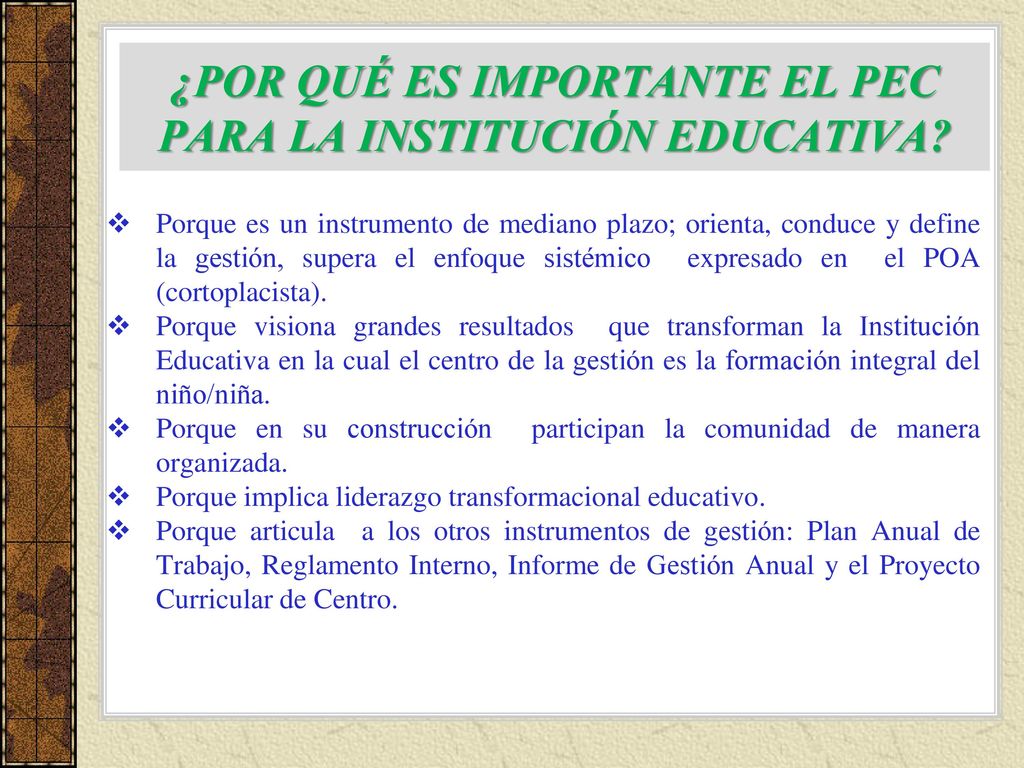 ¿POR QUÉ ES IMPORTANTE EL PEC PARA LA INSTITUCIÓN EDUCATIVA