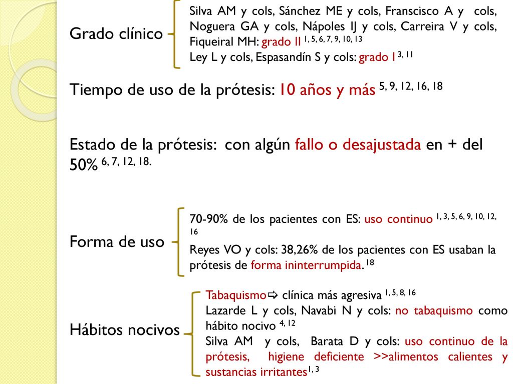 Tiempo de uso de la prótesis: 10 años y más 5, 9, 12, 16, 18