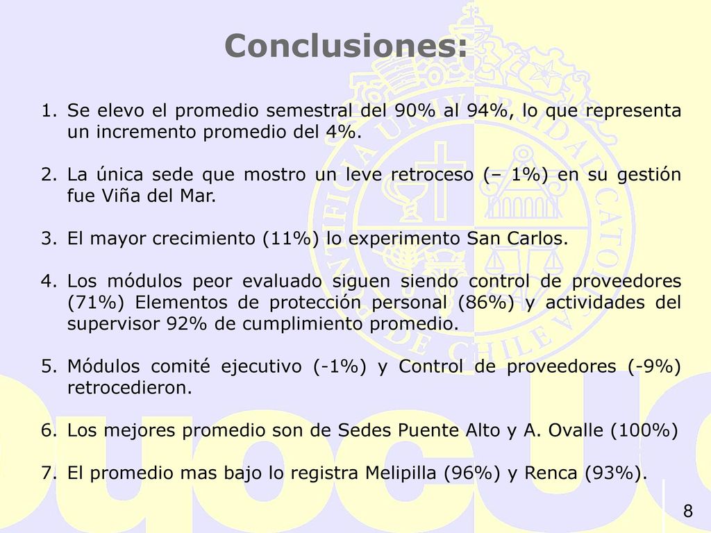 Conclusiones: Se elevo el promedio semestral del 90% al 94%, lo que representa un incremento promedio del 4%.
