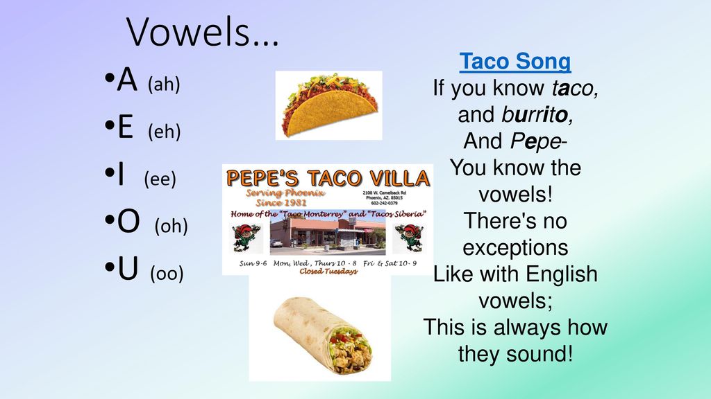 Vowels… A (ah) E (eh) I (ee) O (oh) U (oo) Taco Song