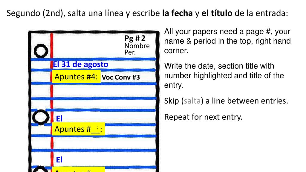 Segundo (2nd), salta una línea y escribe la fecha y el título de la entrada: