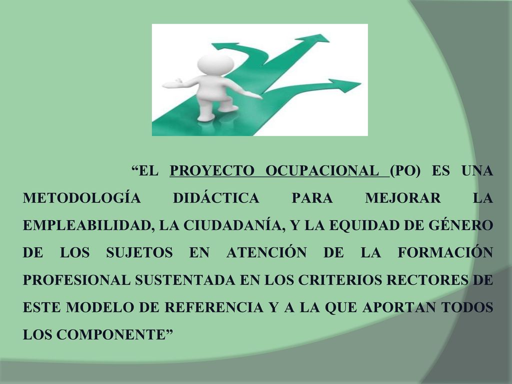 EL PROYECTO OCUPACIONAL (PO) ES UNA METODOLOGÍA DIDÁCTICA PARA MEJORAR LA EMPLEABILIDAD, LA CIUDADANÍA, Y LA EQUIDAD DE GÉNERO DE LOS SUJETOS EN ATENCIÓN DE LA FORMACIÓN PROFESIONAL SUSTENTADA EN LOS CRITERIOS RECTORES DE ESTE MODELO DE REFERENCIA Y A LA QUE APORTAN TODOS LOS COMPONENTE