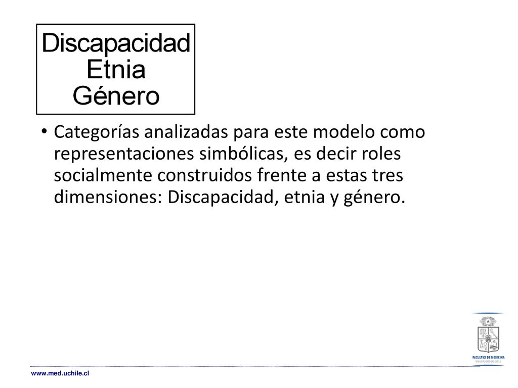 Categorías analizadas para este modelo como representaciones simbólicas, es decir roles socialmente construidos frente a estas tres dimensiones: Discapacidad, etnia y género.
