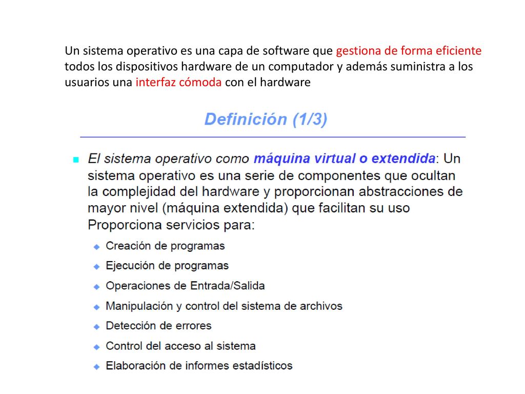 Un sistema operativo es una capa de software que gestiona de forma eficiente todos los dispositivos hardware de un computador y además suministra a los usuarios una interfaz cómoda con el hardware