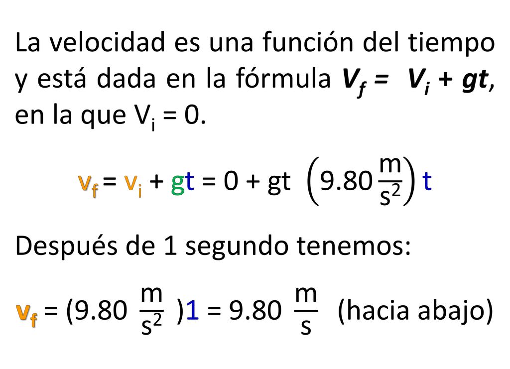 vf = (9.80 m s2 )1 = 9.80 m s (hacia abajo)