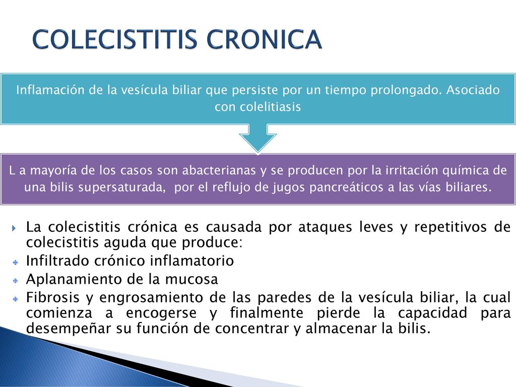 COLECISTITIS CRONICA Inflamación de la vesícula biliar que persiste por un tiempo prolongado. Asociado con colelitiasis.