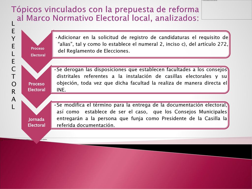 Tópicos vinculados con la prepuesta de reforma al Marco Normativo Electoral local, analizados: