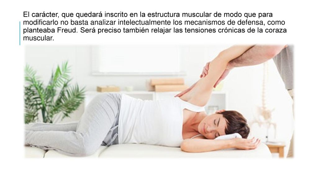 El carácter, que quedará inscrito en la estructura muscular de modo que para modificarlo no basta analizar intelectualmente los mecanismos de defensa, como planteaba Freud.