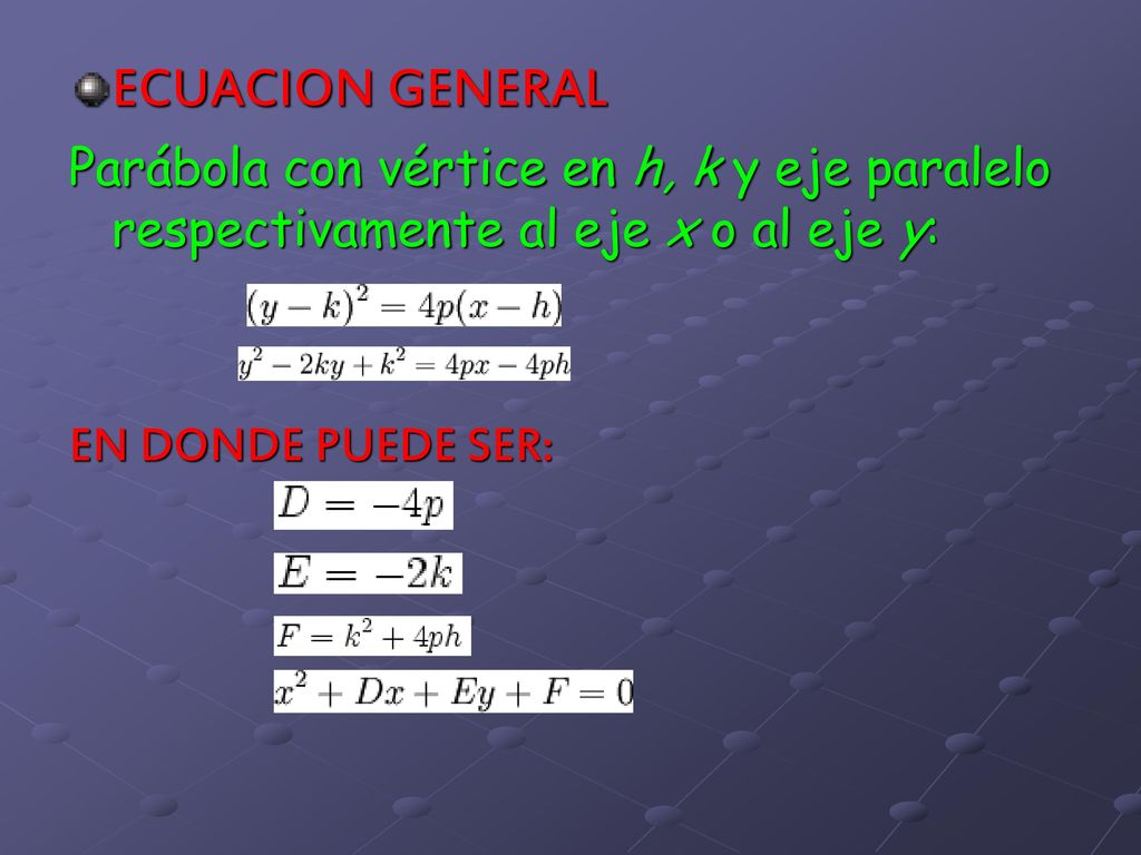 ECUACION GENERAL Parábola con vértice en h, k y eje paralelo respectivamente al eje x o al eje y: EN DONDE PUEDE SER: