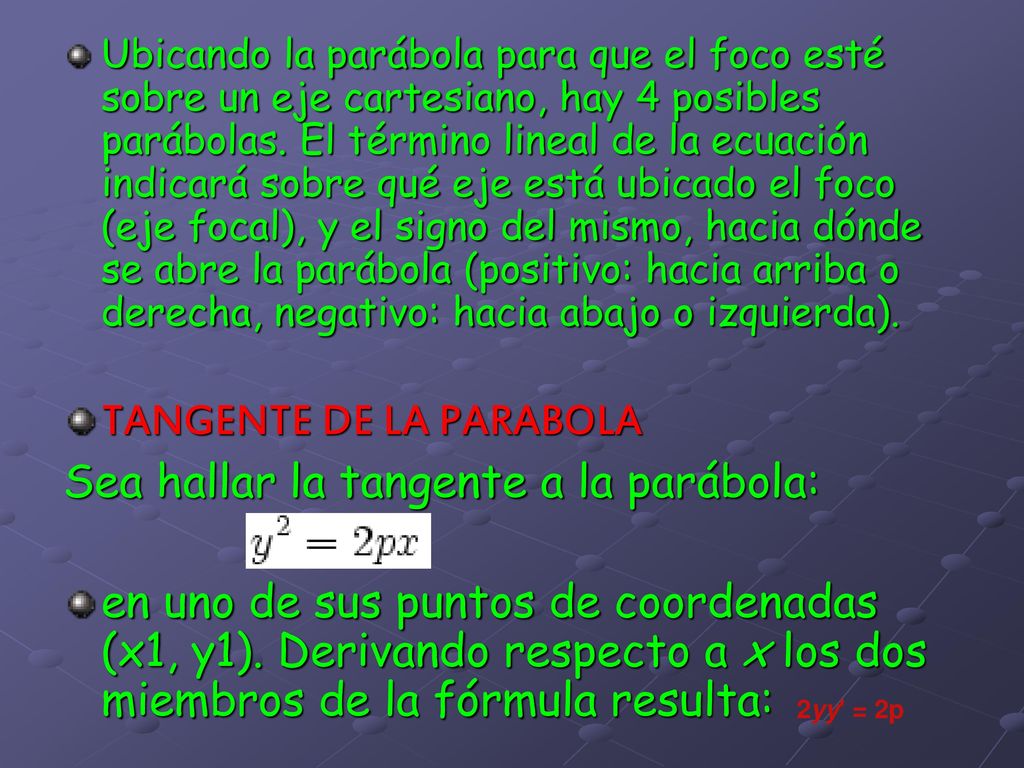 TANGENTE DE LA PARABOLA Sea hallar la tangente a la parábola: